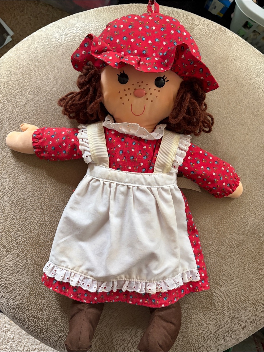 Vintage 1982 Hallmark Christmas Doll With Red Floral Dress And Ruffle Hat